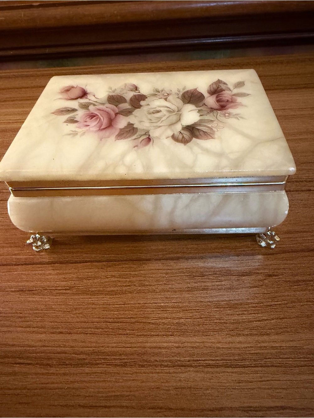 Vintage Italian Alabaster Jewelry Box Hinged Footed Trinket Casket Floral Rose